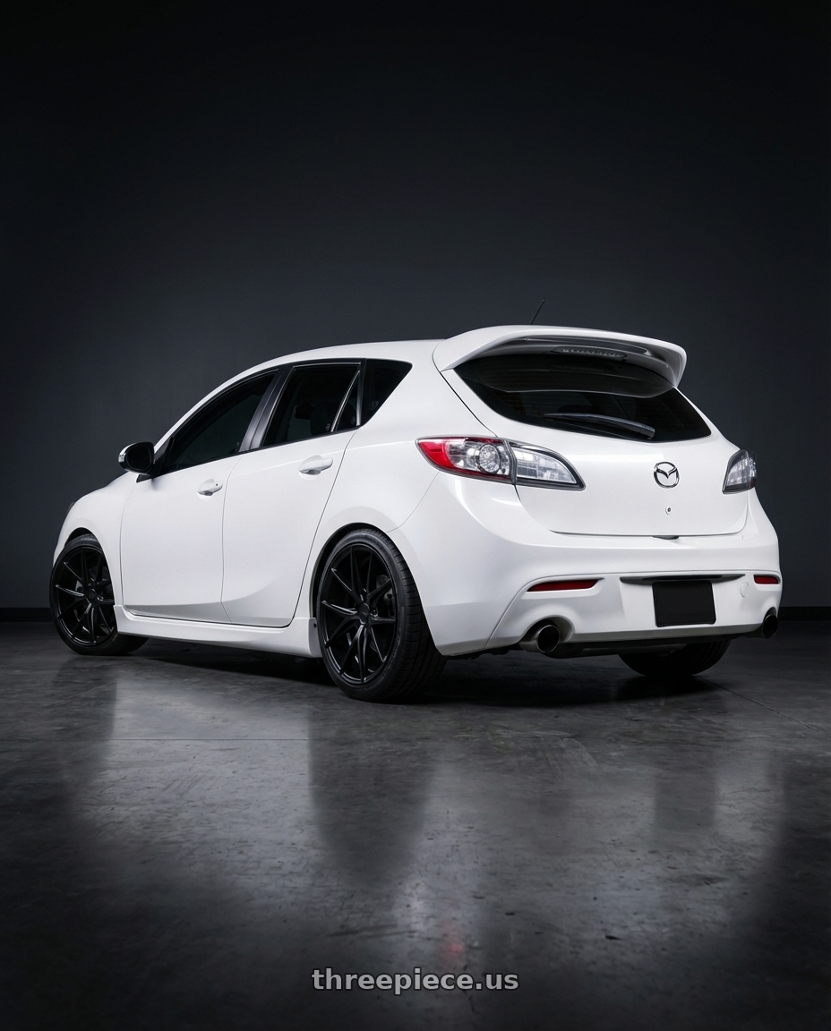 2012 Mazda Mazdaspeed3 with Niche 1PC M117 MISANO 5X114.3 18X8 +42 MATTE BLACK wheels rear three quarter view square tires