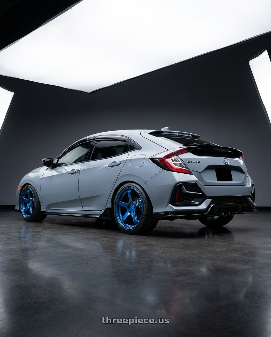 2021 Hinda Civic sports Hatchback with KATANA RACING HR05 5x114.3 18x8.5 +35 Metallic Blue wheels rear three quarter view square tires