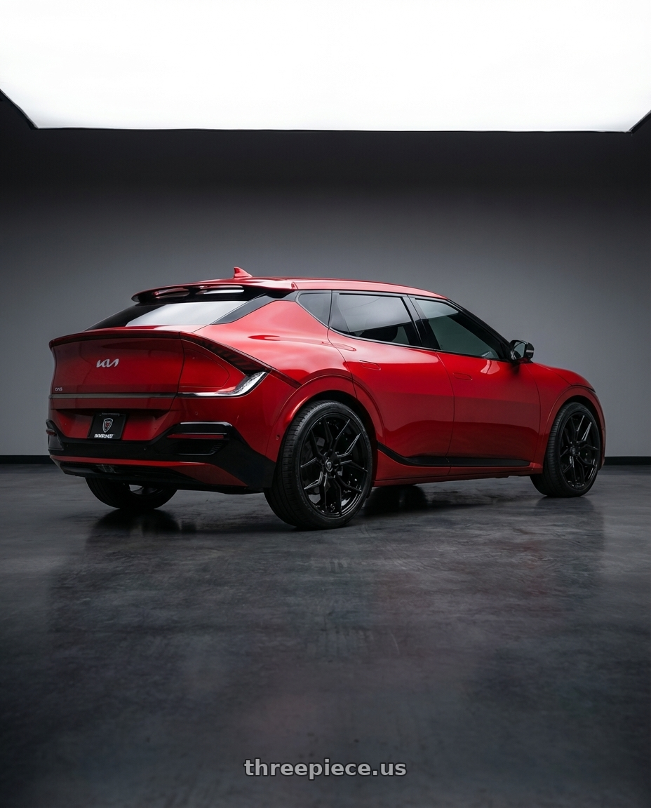 2024 kia ev6 with MARQUEE WHEELS M1000 5x114.3 20x10.5+38 GLOSS BLACK wheels rear three quarter view square tires