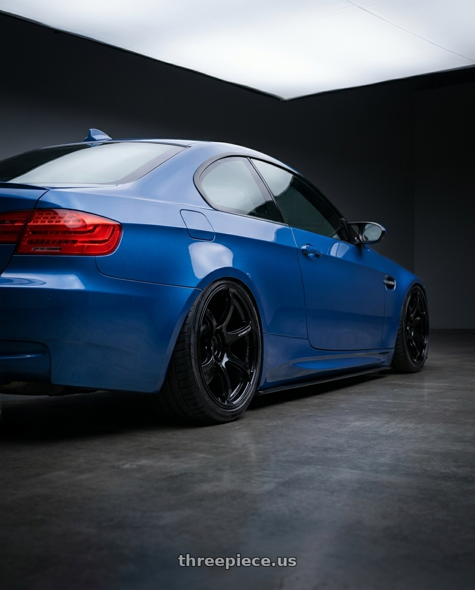 2008 Bmw m3 with Advan RGIII 5x112 19x8.5+45 Gloss Black wheels rear three quarter view slight stretch tires