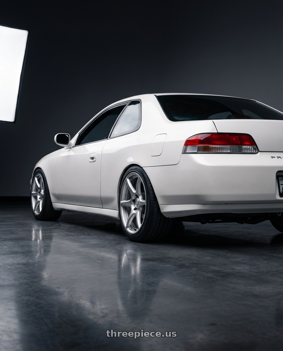 2001 honda prelude  with Kansei K11S Tandem 5x114.3 17x9 35 Hyper Silver wheels rear three quarter view square tires