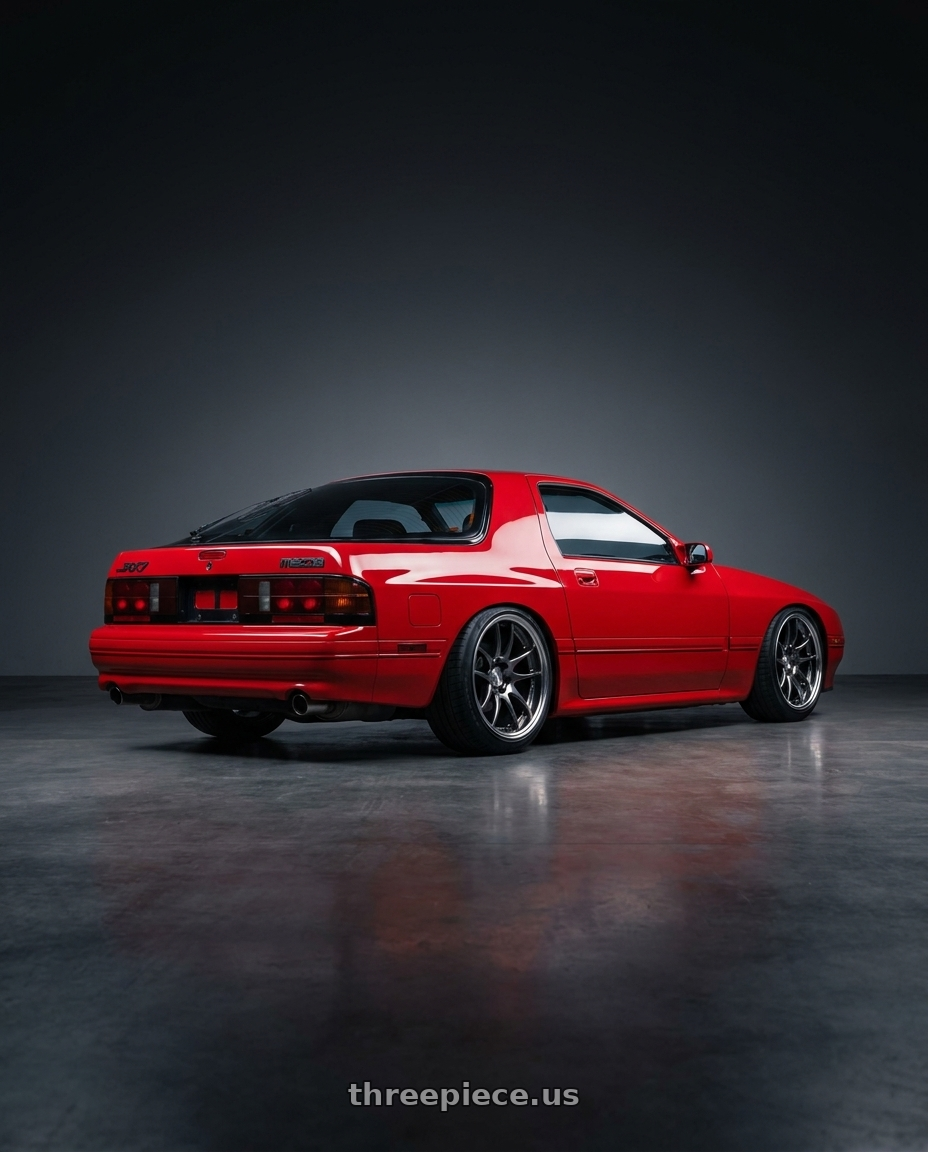 1988 Mazda RX7 SE Red with Work Emotion CR2P wheels rear three quarter view square tires