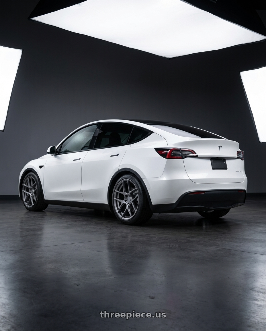 2024 Tesla Model Y with Aodhan AFF2 5x114.3 20x9+32 Matte Gray wheels rear three quarter view square tires