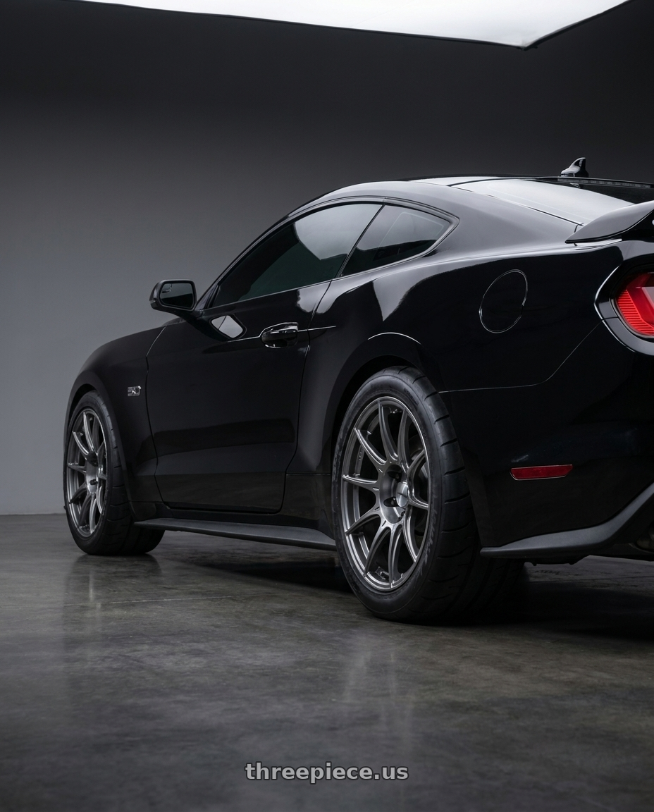 2020 ford mustang with Ssr Gtx01 5x114.3 18x10.5+22  DARK SILVER wheels rear three quarter view meaty tires