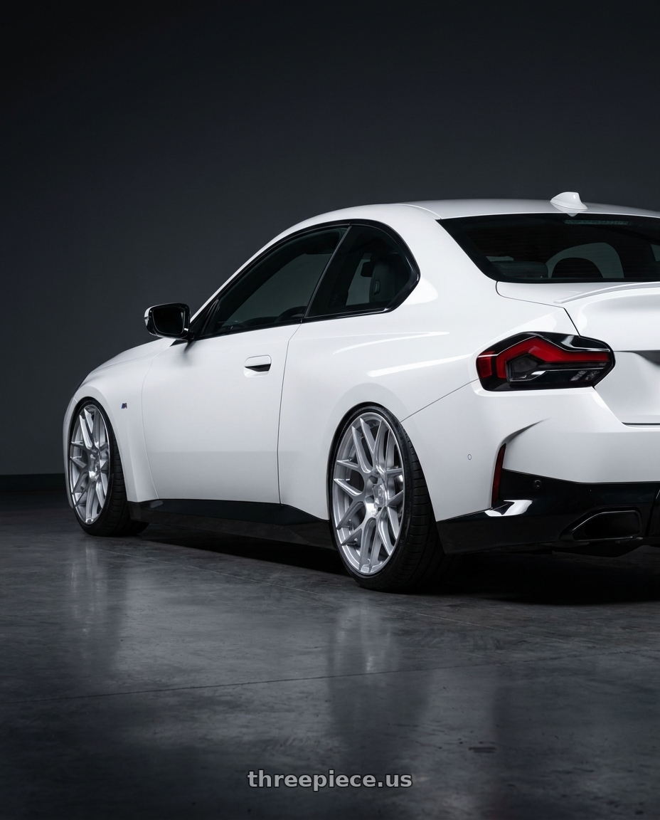 2024 BMW 2 Series G42 with Aodhan AFF2 5x112 19x8.5+35 Gloss Silver Machined Face wheels rear three quarter view slight stretch tires