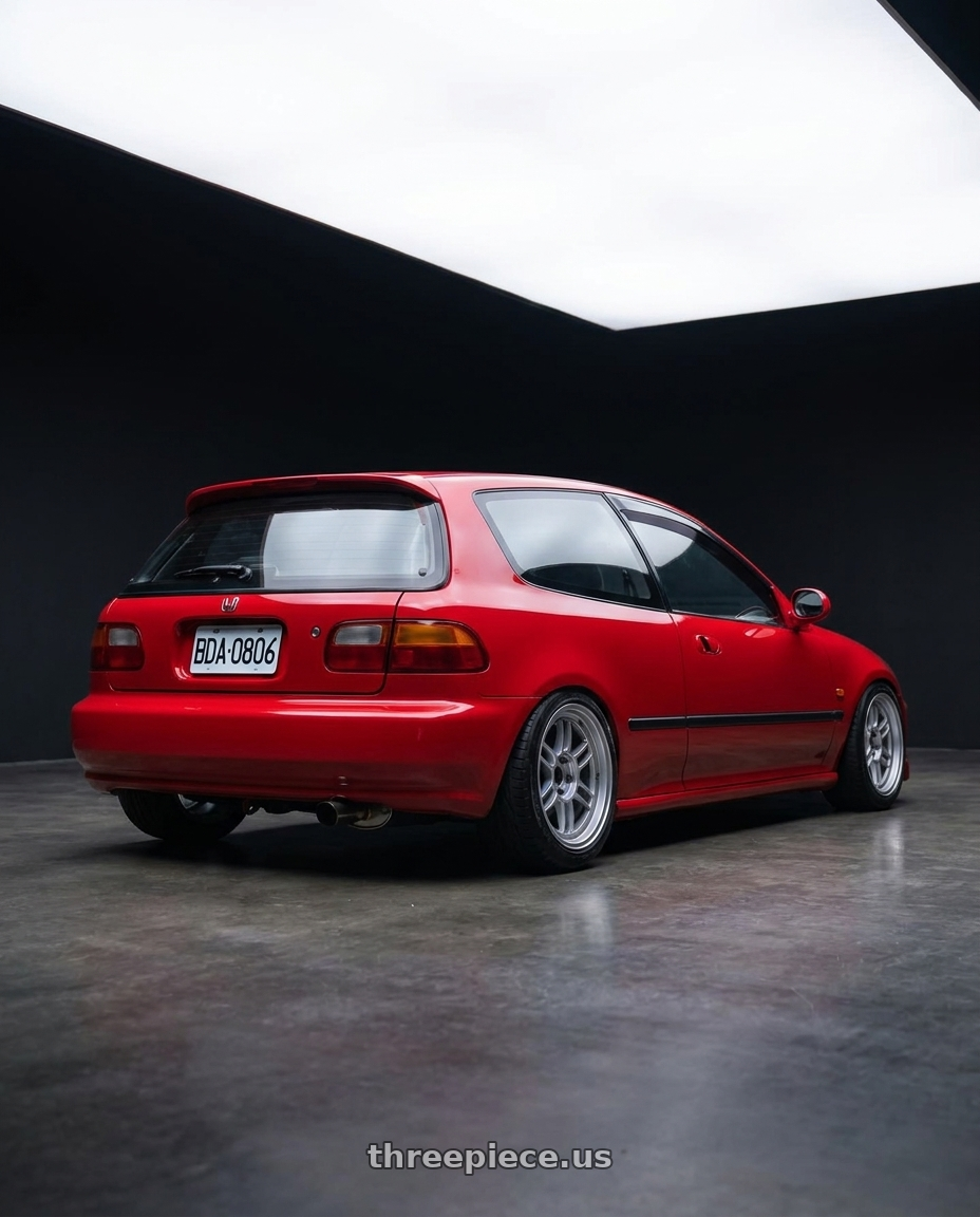 1992 CIVIC EG with Enkei RPF1 4x100 15x7+35 Silver wheels rear three quarter view extreme stretch tires