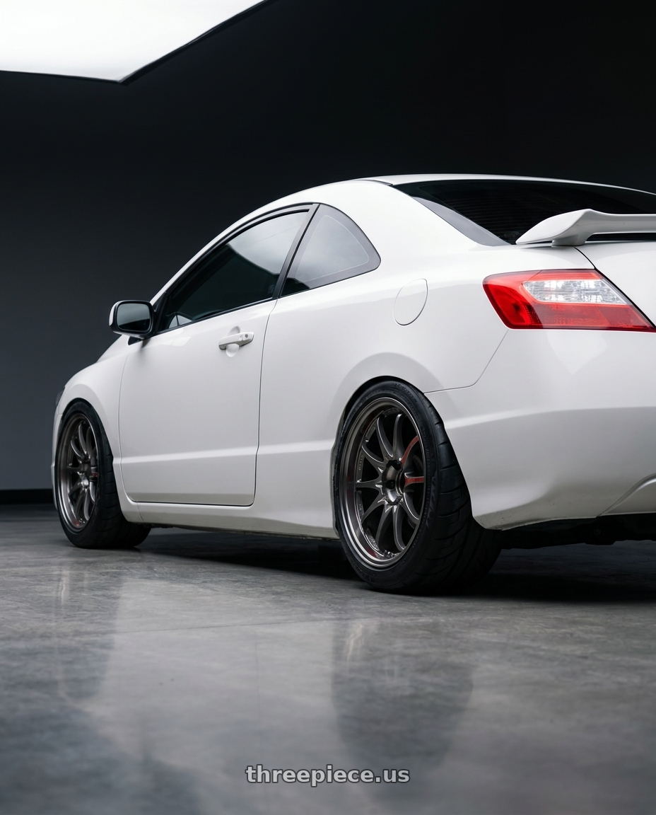 2008 honda civic si coupe with Volk Racing CE28SL 5x114.3 17x9.5+12 wheels rear three quarter view meaty tires
