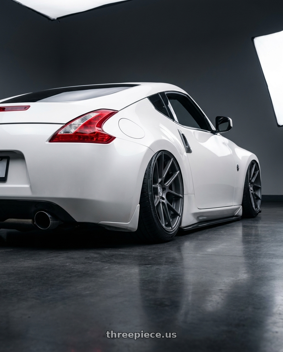2019 Nissan 370Z with Avant Garde Wheels M510 5X114.3 19x9.5 +40 Dolphin Grey wheels rear three quarter view slight stretch tires