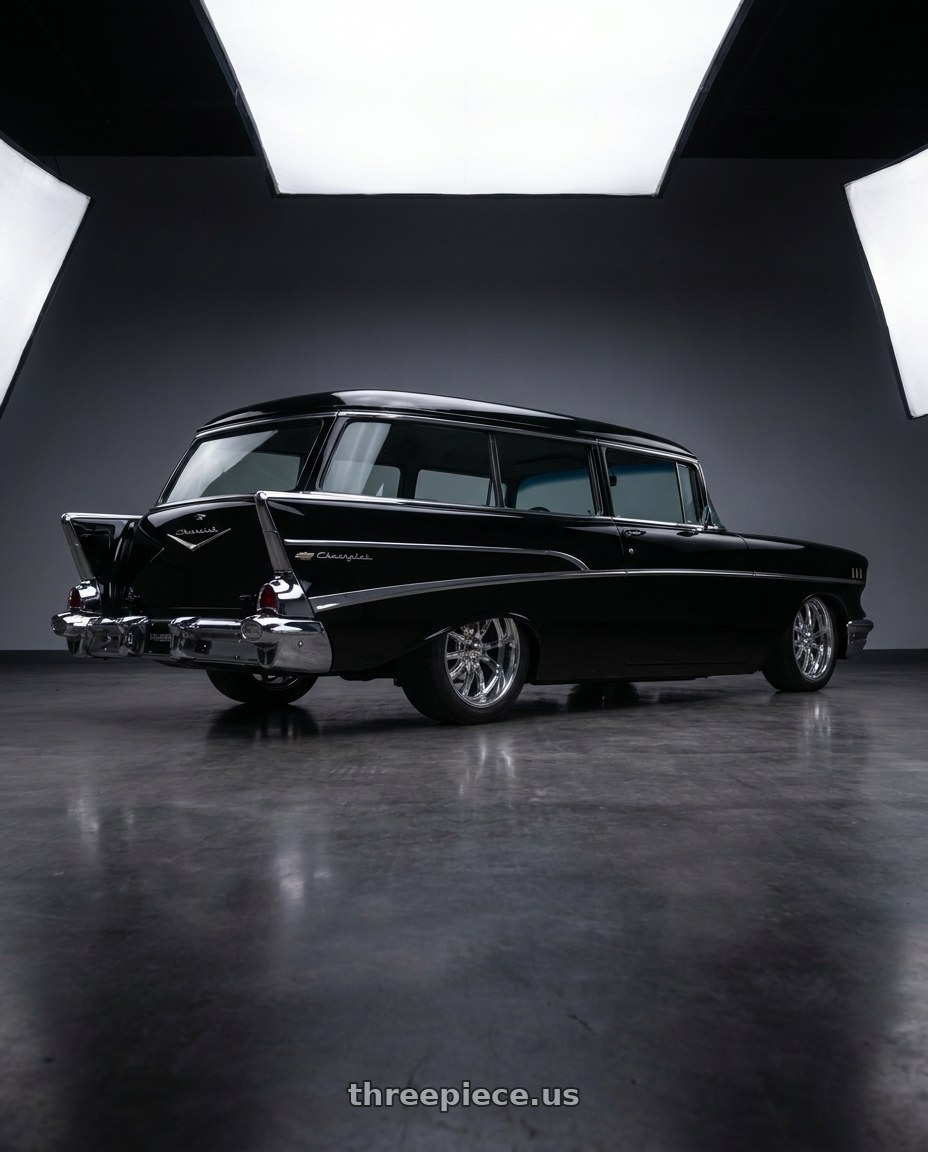 1957 chevrolet 210 handyman with Ridler Type 650 5x120.65 17x8+0 Chrome wheels rear three quarter view meaty tires