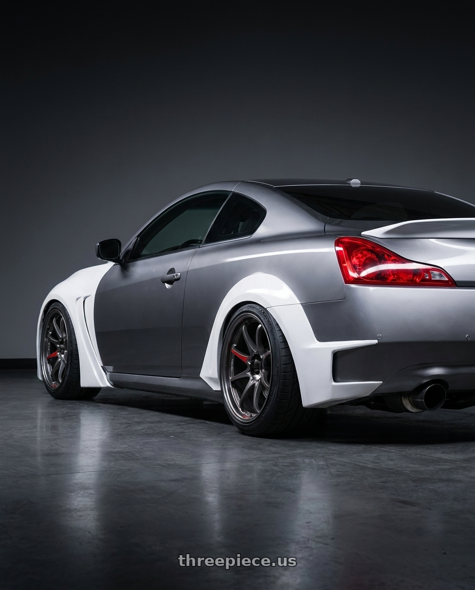 2012 Infiniti G37xS Coupe with Volk Racing CE28SL 5x114.3 18x10.5+15 wheels rear three quarter view meaty tires