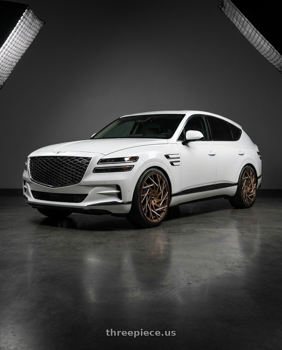 2027 Genesis GV80 with Strada Nido 5x114.3 22x9 +35 Bronze Machined Tips wheels front three quarter view lowered stance