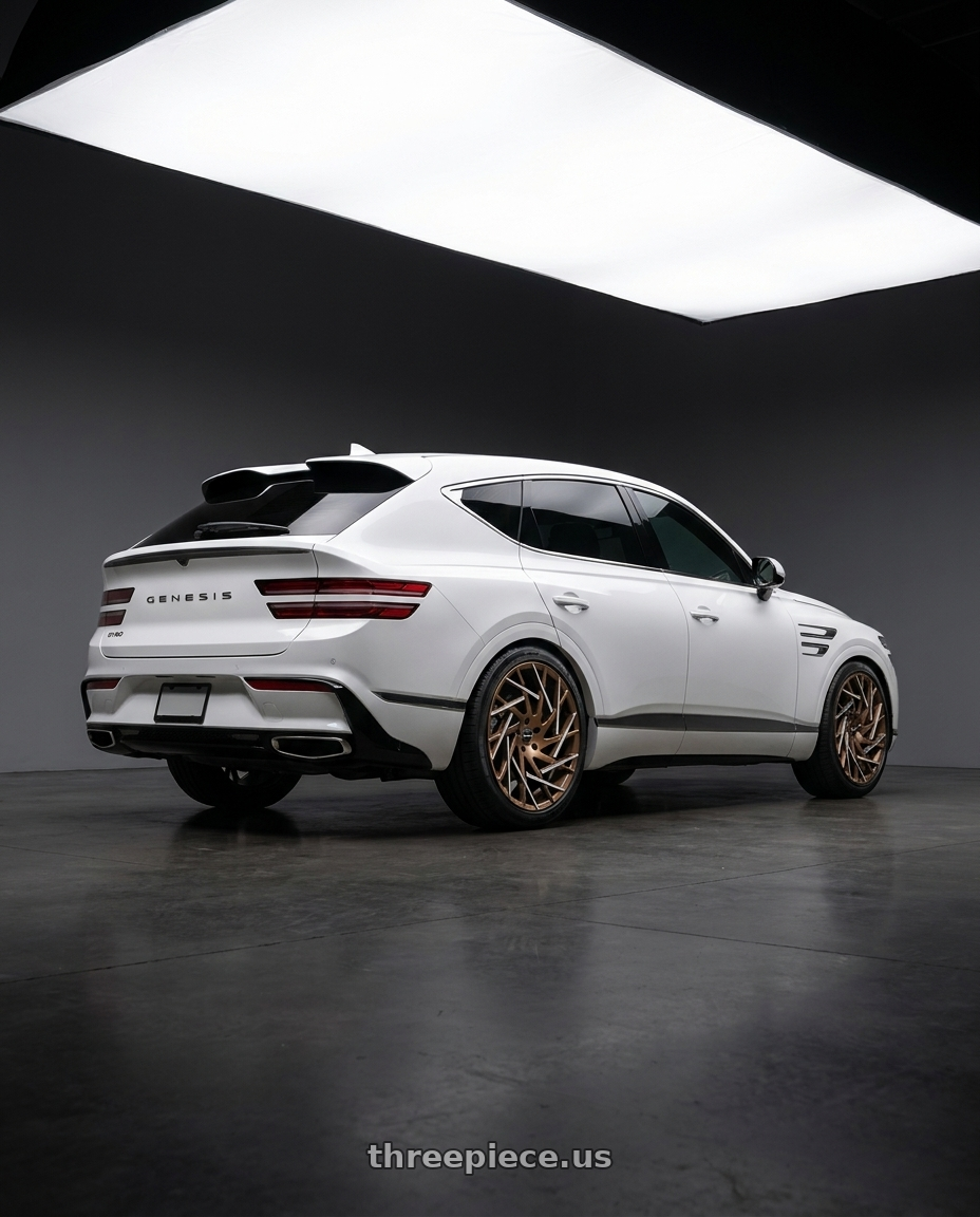 2027 Genesis GV80 with Strada Nido 5x114.3 22x9 +35 Bronze Machined Tips wheels rear three quarter view slight stretch tires