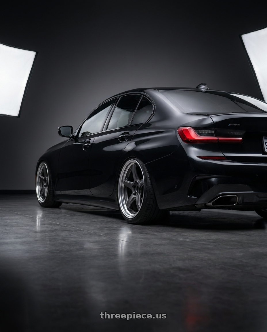 2020 BMW M340i with Work T5R 2P 5x112 19x10.0 +22 Matte Gunmetal wheels rear three quarter view slight stretch tires