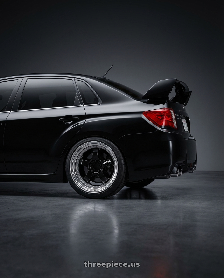 Black 2013 Subaru Impreza wrx Sti limited  with Work Meister S1 3P 5x100 18x9+22 A Disk Black wheels rear three quarter view square tires