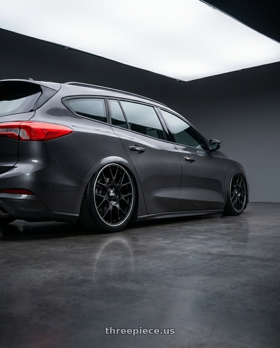 2023 Focus st wagon with BBS CH-R 5x112 18x8.5 +38 Satin Black Polished Rim Protector wheels rear three quarter view slight stretch tires