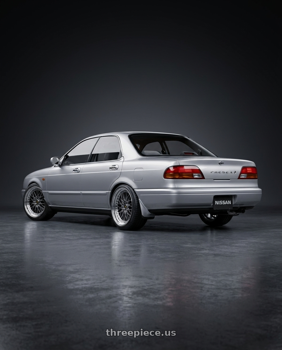 1990 nissan presea with Work Vs-Xv 5x100 18x7+28 A Disk Brilliant Silver Black wheels rear three quarter view slight stretch tires
