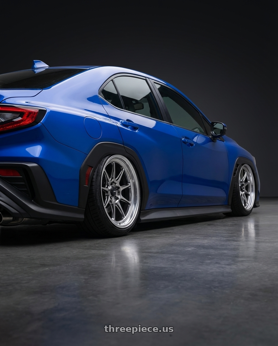 2024 Subaru WRX with Konig Countergram 5x114.3 19x9.5+25 Hyper Chrome / Machined Lip wheels rear three quarter view slight stretch tires