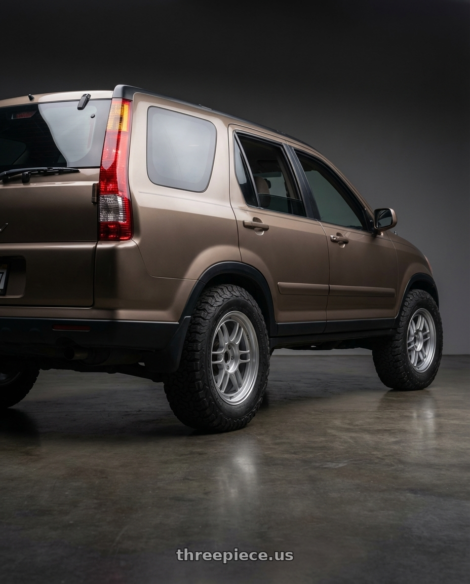 2002 Honda CRV, LX, mojave brown metallic with Enkei RPF1 5x114.3 16x8+38  Silver wheels rear three quarter view meaty tires