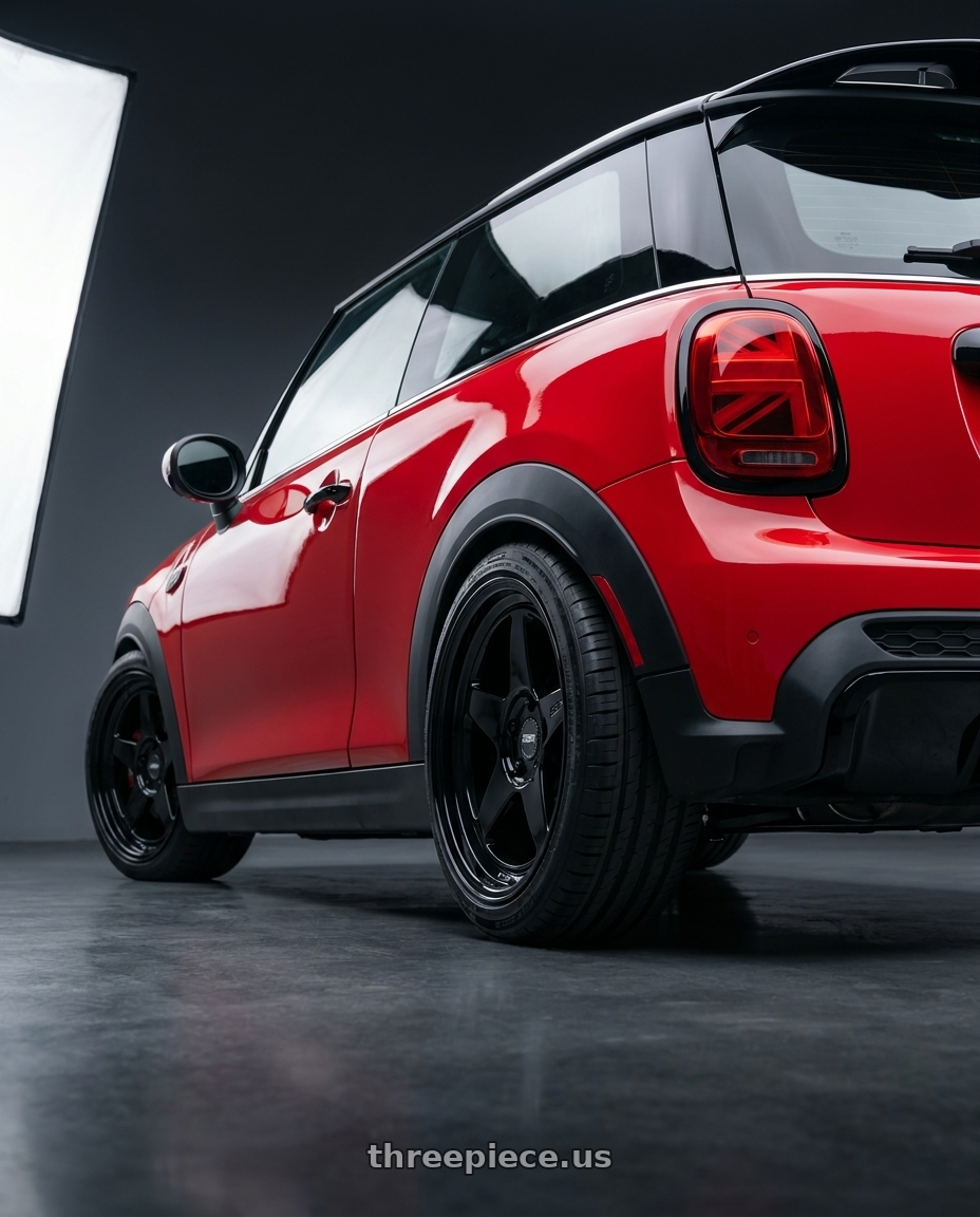 2025 mini jcw red with ESR Wheels CR SERIES CR5 5x100 18x9.5 +35 Gloss Black wheels rear three quarter view square tires