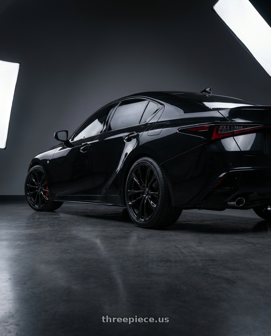 2022 Lexus is 350 awd with DOLCE PERFORMANCE ARIA 5x114.3 19x8.5 +35 Gloss Black wheels rear three quarter view square tires