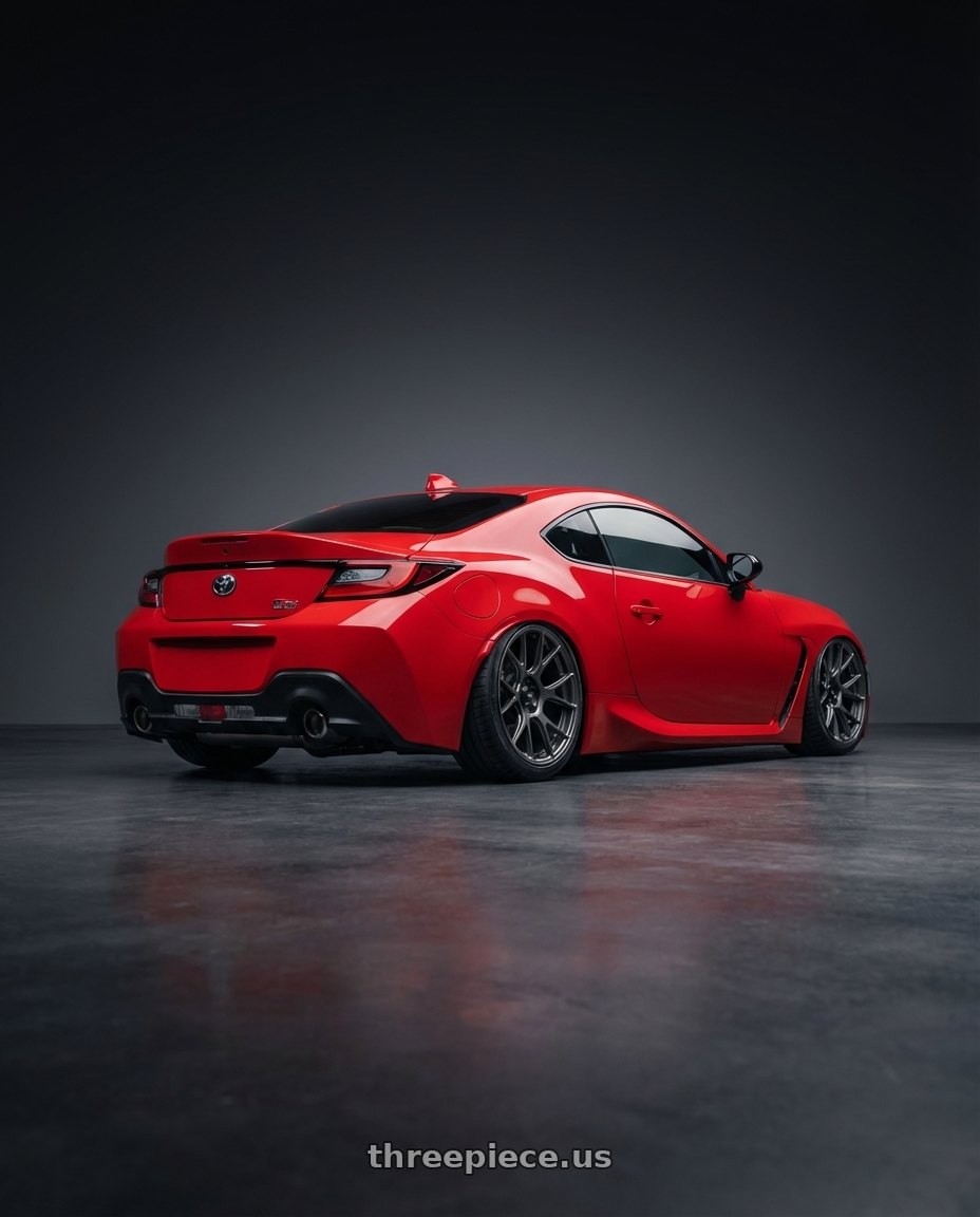 2024 Toyota GR86 with Konig Ampliform 5x114.3 18x8.5+35 Dark Metallic Graphite wheels rear three quarter view slight stretch tires