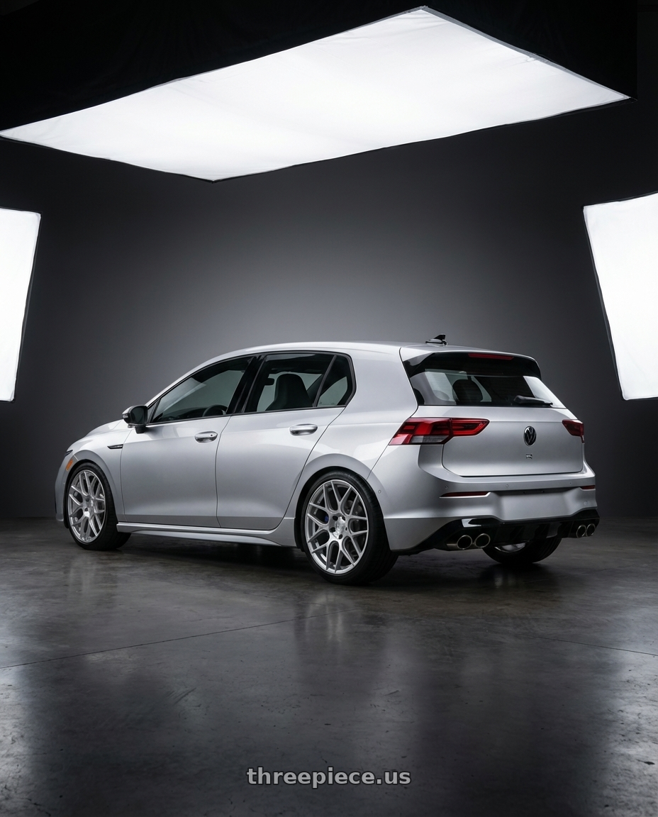 2024 Volkswagen Golf R MK8 with Aodhan AFF2 5x112 19x8.5+35 Gloss Silver Machined Face wheels rear three quarter view square tires