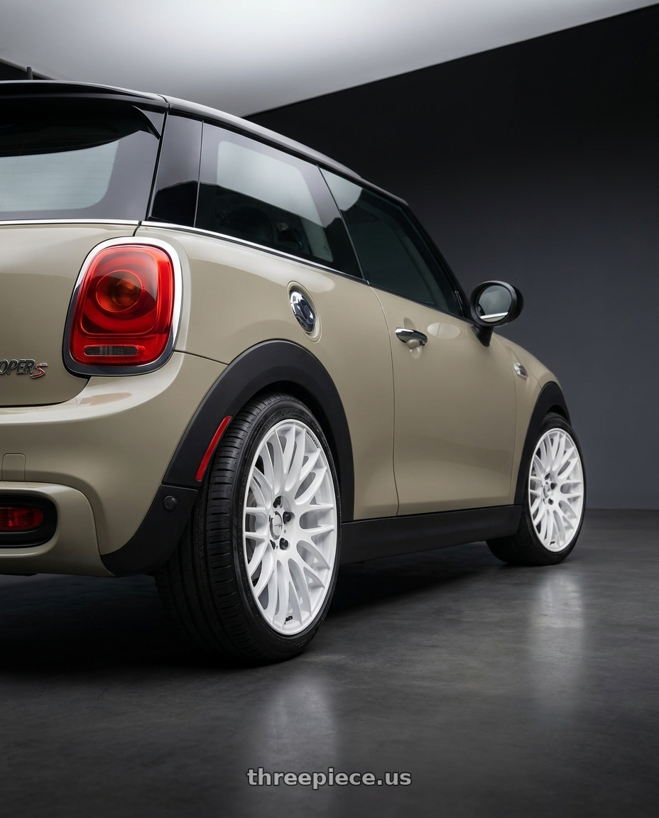 2019 mini cooper S with Work Emotion m8r 5x112 17x8 +45 White wheels rear three quarter view square tires