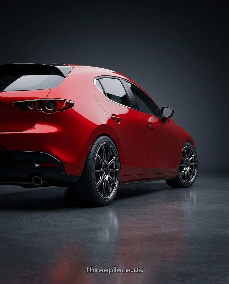 2025 Mazda 3 with Advan Racing RZII 5x112 19x8.5 +45 RACING HYPER BLACK & RING wheels rear three quarter view square tires