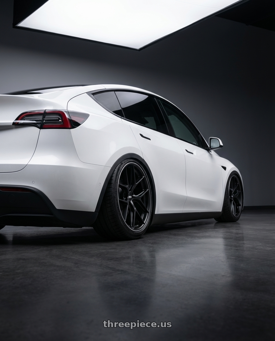 2024 Tesla Model Y with BBS CC-R 5x114.3 20x9.0+32 Satin Black wheels rear three quarter view slight stretch tires