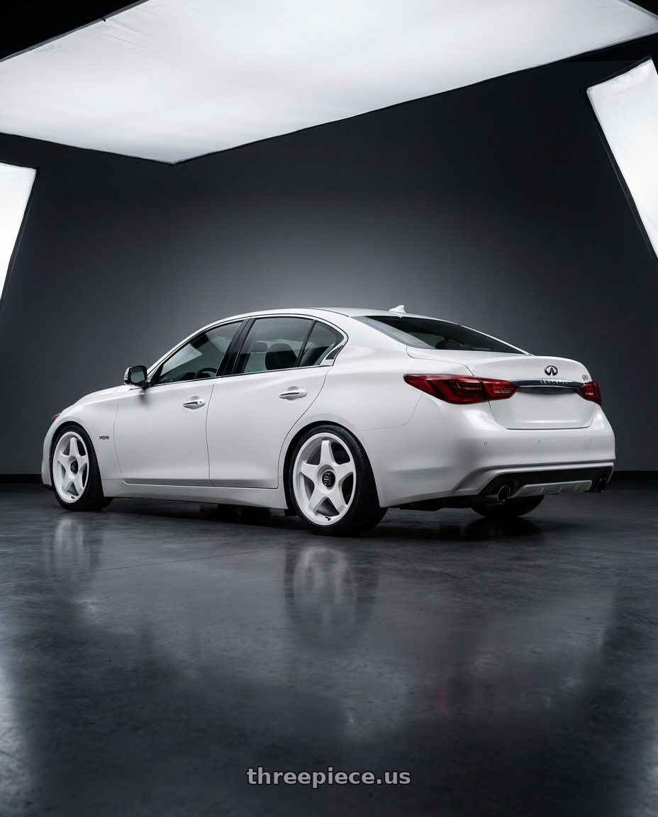 2020 Infiniti Q50 with fifteen52 CHICANE 5x114.3 / 5x120 19x8.5 +35 RALLY WHITE (GLOSS WHITE) wheels rear three quarter view square tires