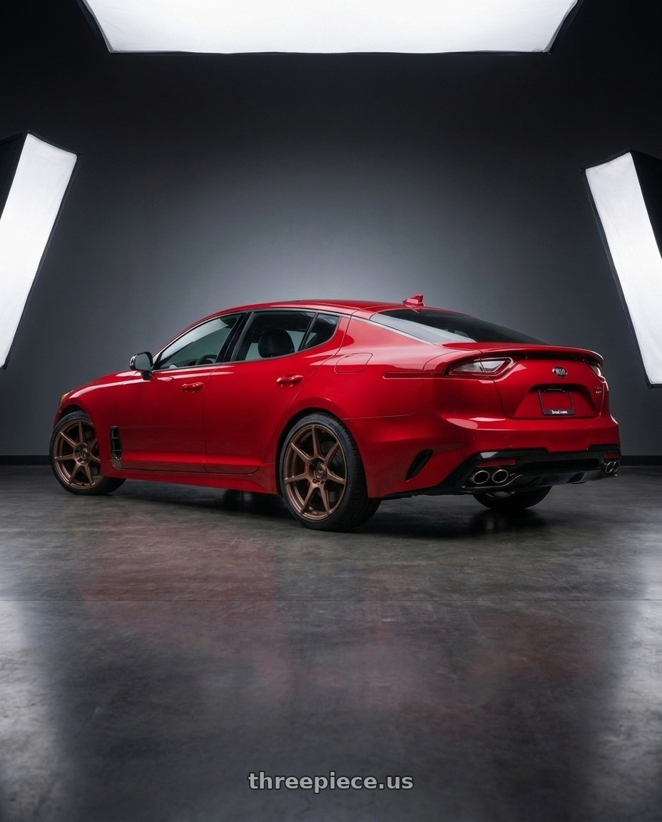 2018 Kia Stinger GT2 AWD with Aodhan AFF7 5x114.3 19x9.5+35 Matte Bronze wheels rear three quarter view square tires