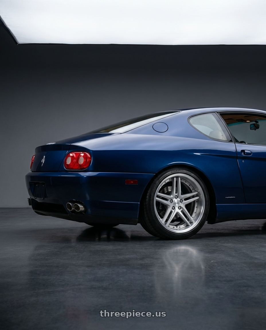 1999 Ferrari 456 with Work Gnosis Gr205 5x108 19x10+22 O Disk Matte Silver wheels rear three quarter view square tires