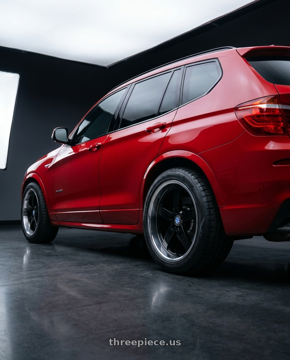 2017 x3 Msport  with Beyern RAPP 5X120 18X9.5 +15 GLOSS BLACK W/ MIRROR CUT LIP wheels rear three quarter view meaty tires