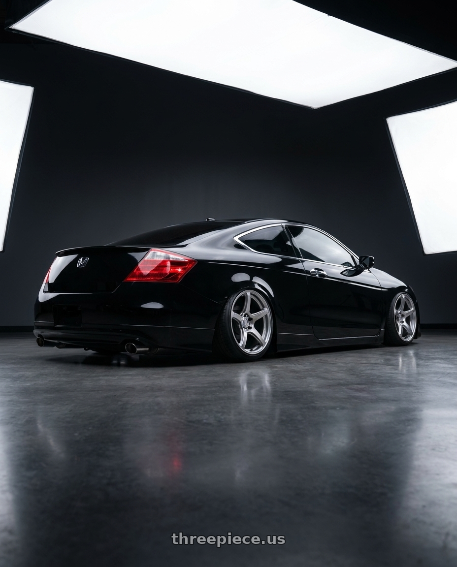 2010 Honda Accord Coupe EX-L Black with Work Emotion T5r 5x114.3 18x7.5 +53 Glow Silver wheels rear three quarter view square tires