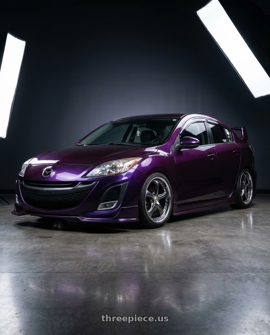 2011 Mazda 3 i with Work Wheels VS-KF 5x114.3 18x8.5+35 Brilliant Silver Black L Disk FULL REVERSE wheels front three quarter view lowered stance