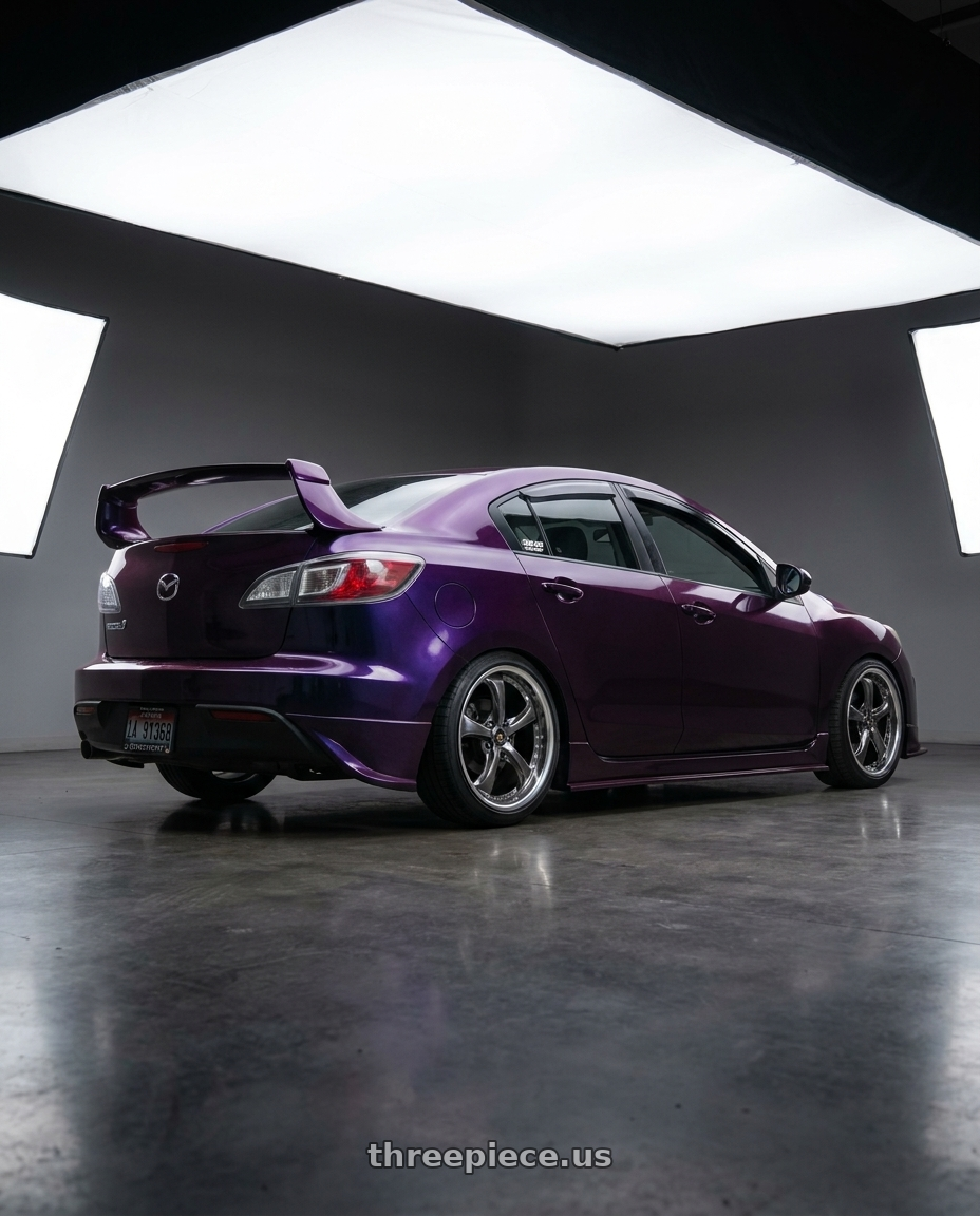 2011 Mazda 3 i with Work Wheels VS-KF 5x114.3 18x8.5+35 Brilliant Silver Black L Disk FULL REVERSE wheels rear three quarter view square tires