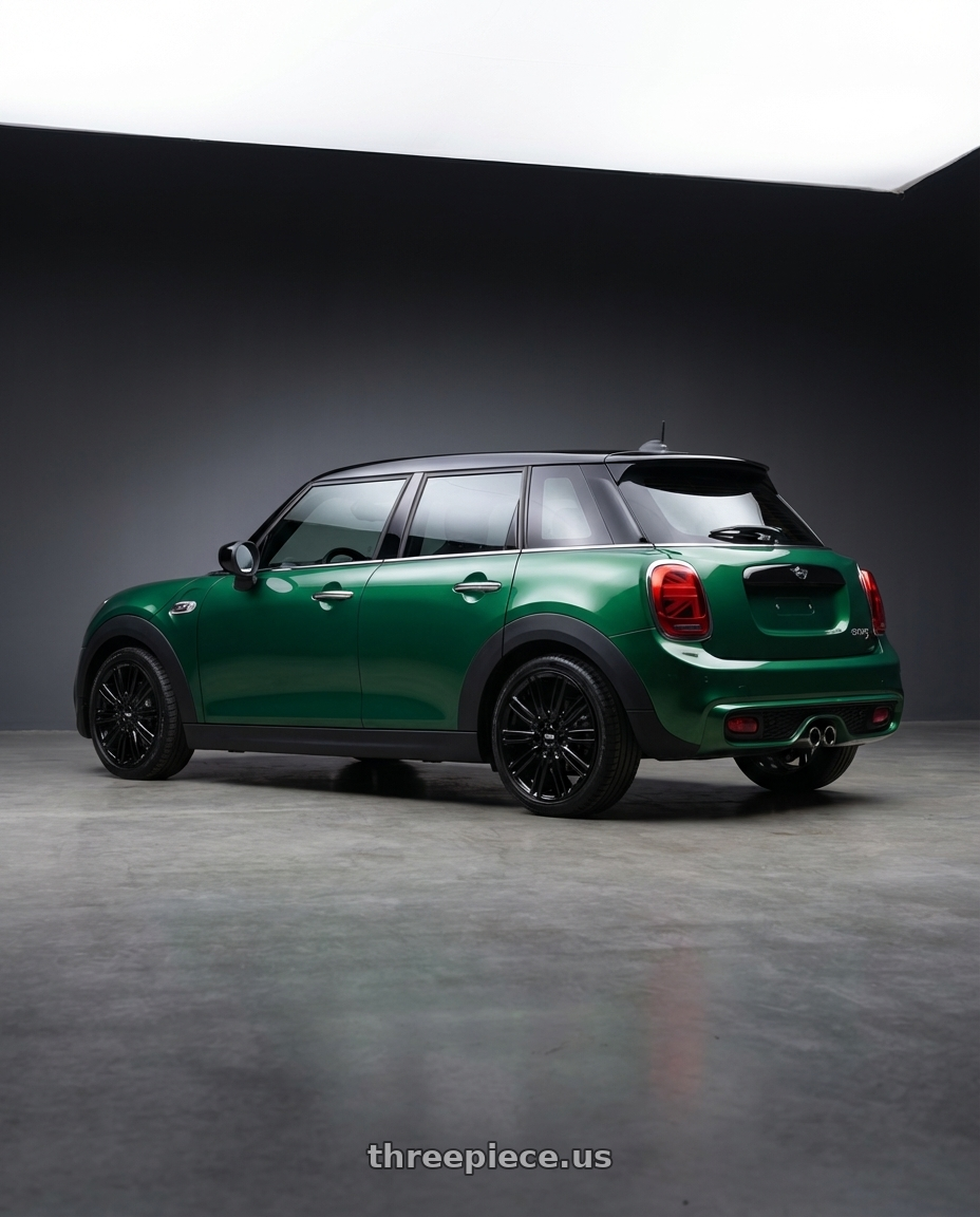 2022 Mini Cooper S - Britisch Green IV with BBS SX 5x112 18x8.0+44 Crystal Black wheels rear three quarter view square tires