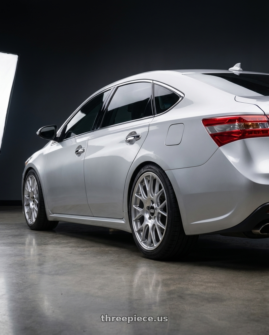 2015 Toyota Avalon  with BBS CH-R 5x112 19x9.5 +35 Brilliant Silver Polished Rim Protector wheels rear three quarter view square tires