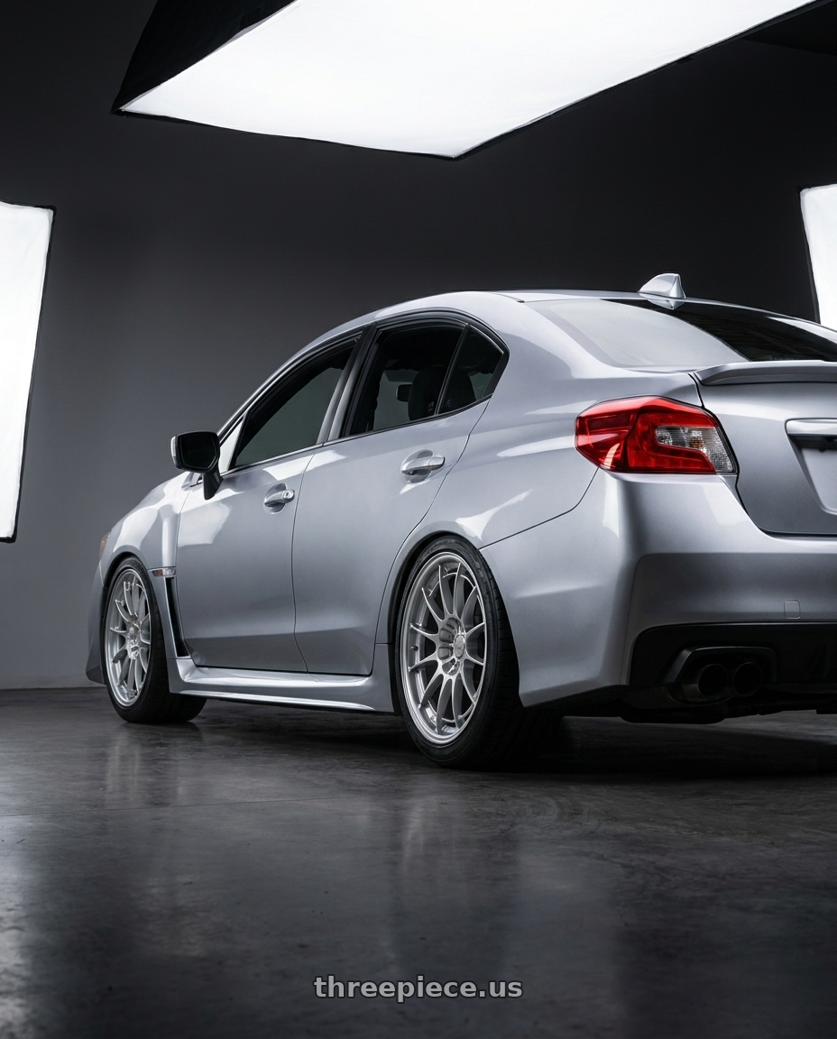 2015 Subaru wrx with Enkei NT03+M 5x114.3 18x8.5+38 Silver wheels rear three quarter view square tires