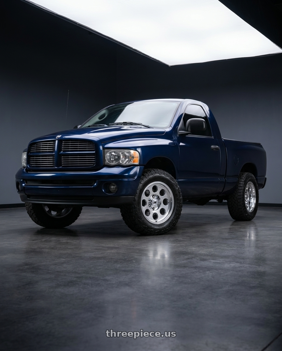 2004 Dodge Ram 1500 with Pro Comp Alloys HERITAGE 5x139.7 18x8.5 +6 Polished wheels front three quarter view stock stance