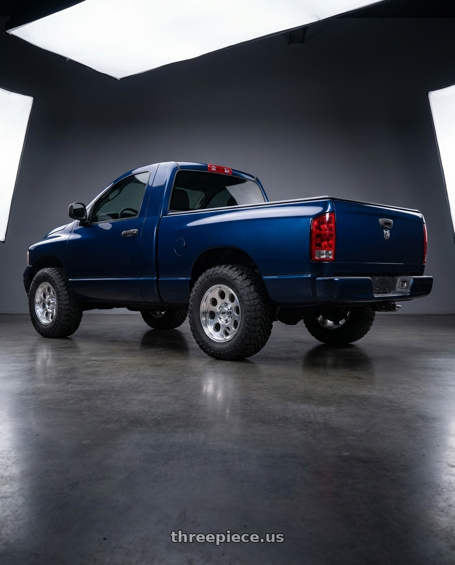 2004 Dodge Ram 1500 with Pro Comp Alloys HERITAGE 5x139.7 18x8.5 +6 Polished wheels rear three quarter view meaty tires