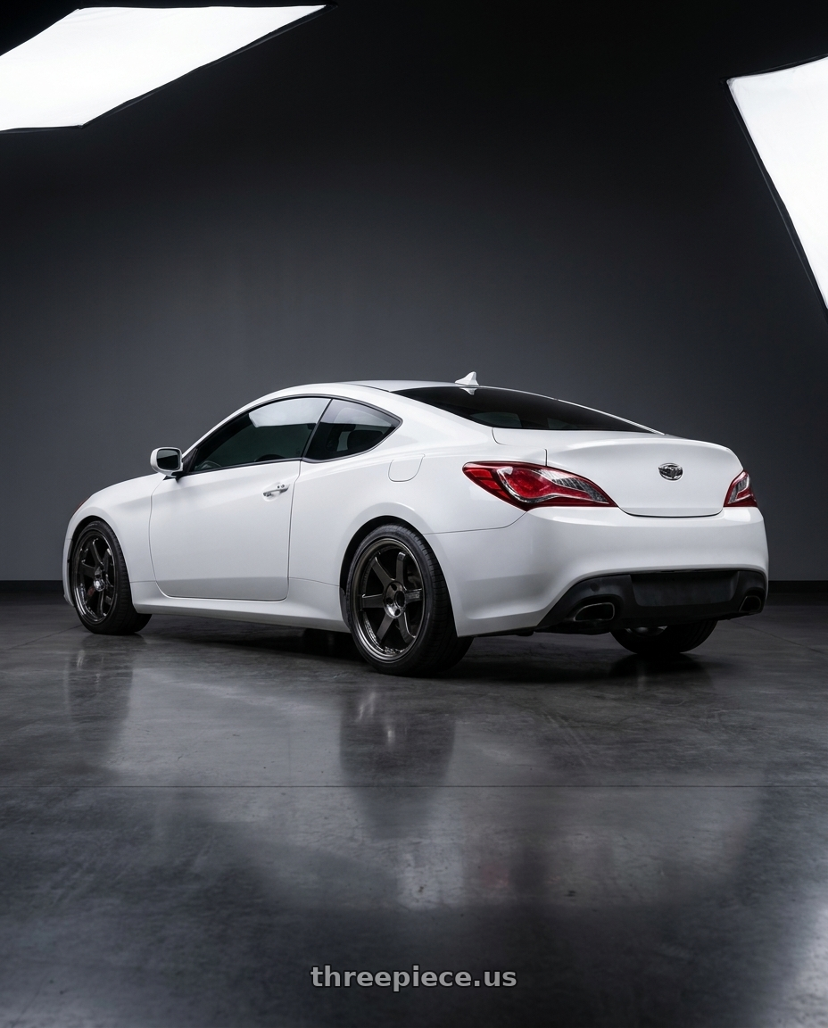 2010 Genesis coupe with Volk Racing TE37SL 5x114.3 19x10.5+12 Pressed Double Black wheels rear three quarter view square tires