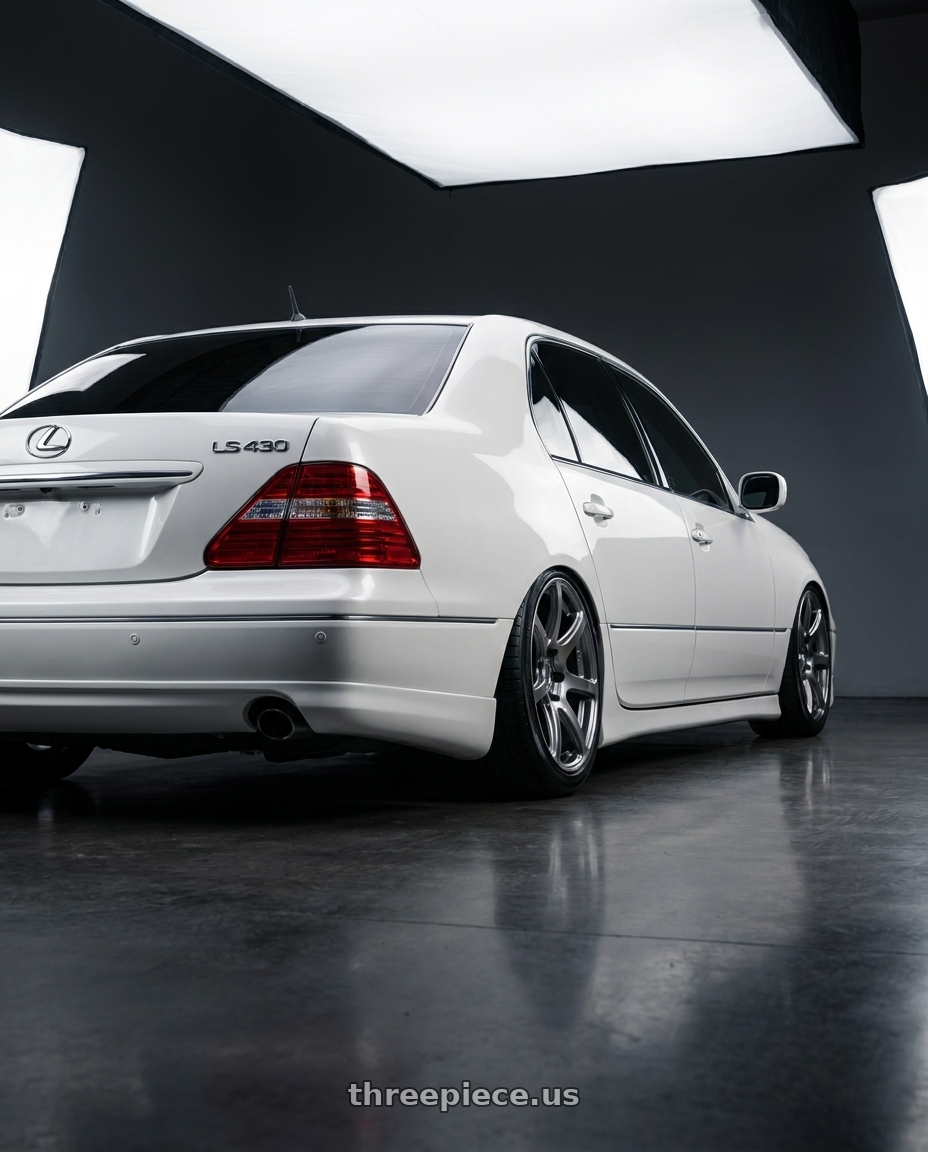 2005 lexus ls430 with Work Emotion T7r 5x114.3 19x9.5 +25 Gt Silver wheels rear three quarter view slight stretch tires
