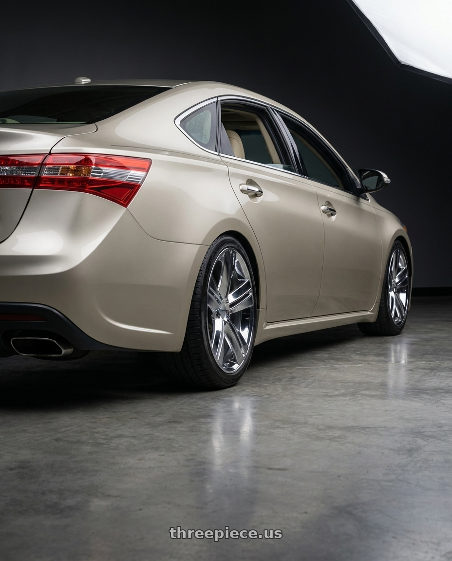 2013 toyota avalon with RTX SMS 5x114.3 18x7.5 +40 Chrome / Pvd wheels rear three quarter view slight stretch tires