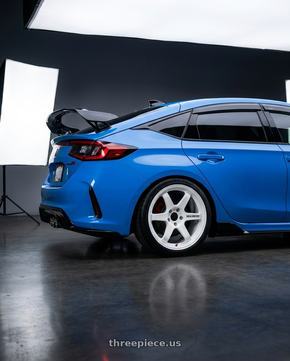 2025 Honda Civic Type R with Volk Racing TE37SL 5x120 18x9.5 +22 WHITE wheels rear three quarter view square tires