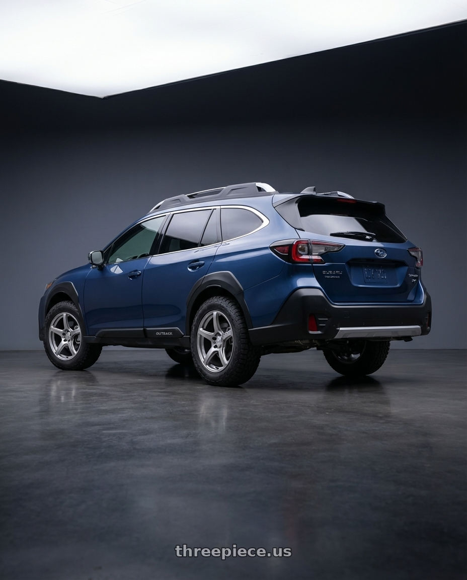 2025 subaru outback touring xt with Work Emotion T5r 5x114.3 18x7.5 +48 Glow Silver wheels rear three quarter view meaty tires