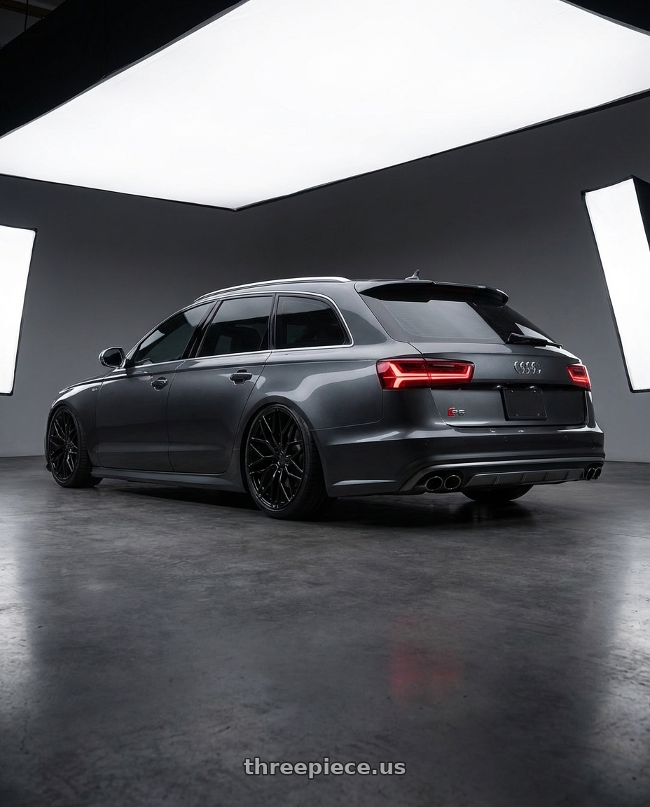 2016 Audi S6 C7 with Avant Garde Wheels M520R 5X112 20x9 +32 Gloss Black wheels rear three quarter view slight stretch tires