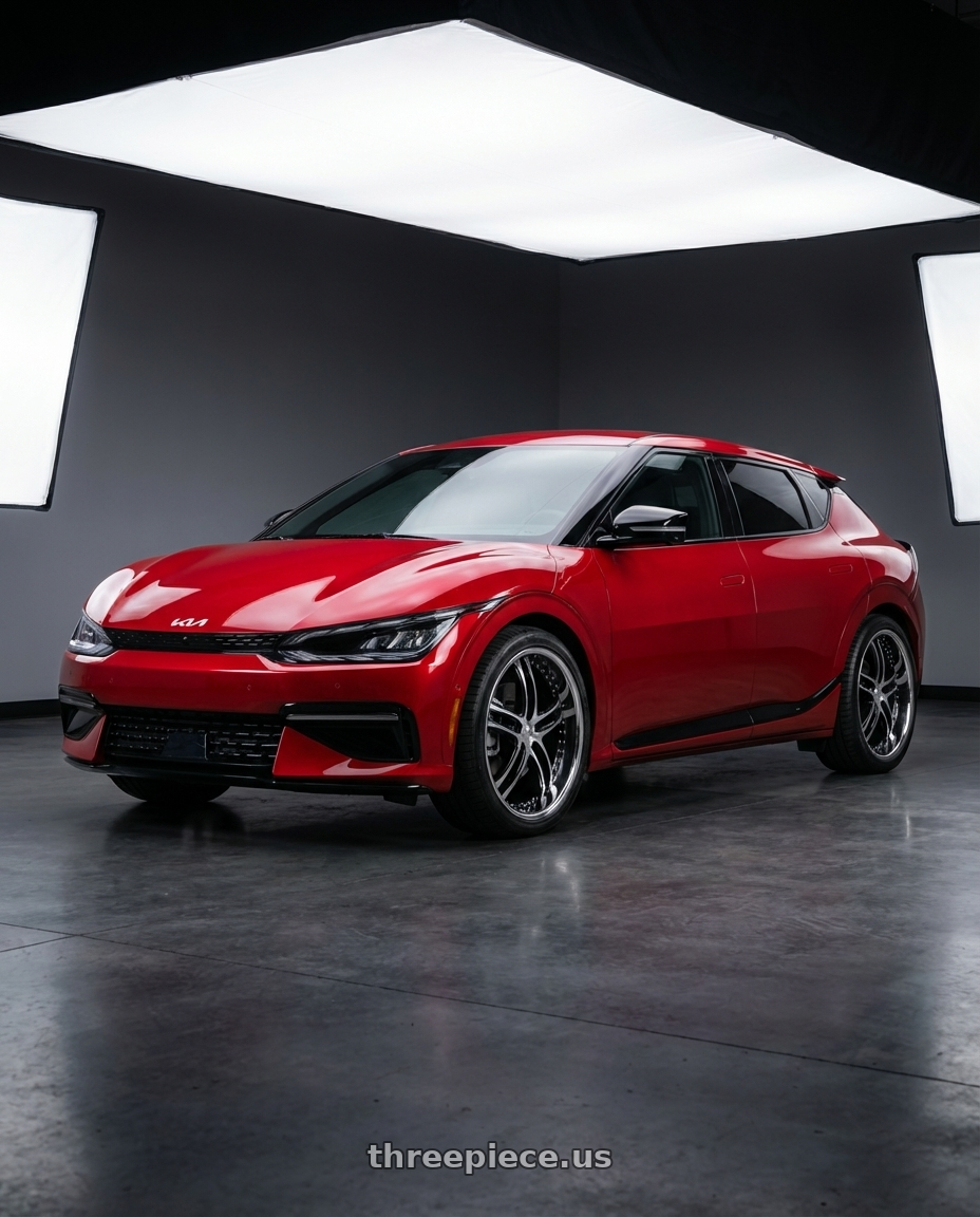 2024 kia ev6 with XIX Wheels XIX 15 5x114.3 20x8.5 +40 Gloss Black Machined with Stainless Steel Lip wheels front three quarter view stock stance