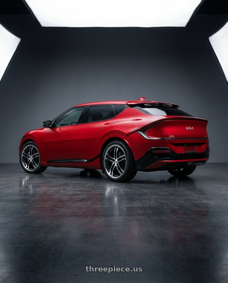 2024 kia ev6 with XIX Wheels XIX 15 5x114.3 20x8.5 +40 Gloss Black Machined with Stainless Steel Lip wheels rear three quarter view square tires