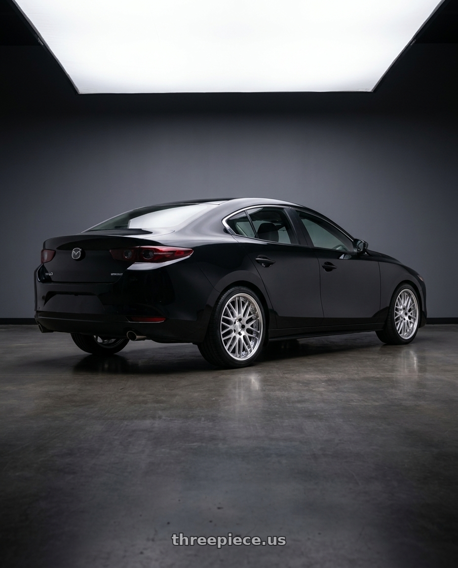 2026 Mazda Mazda3 Preferred Sedan with Work Lanvec Lm1 5x114.3 18x8+45 A Disk Machine Silver Polish wheels rear three quarter view square tires